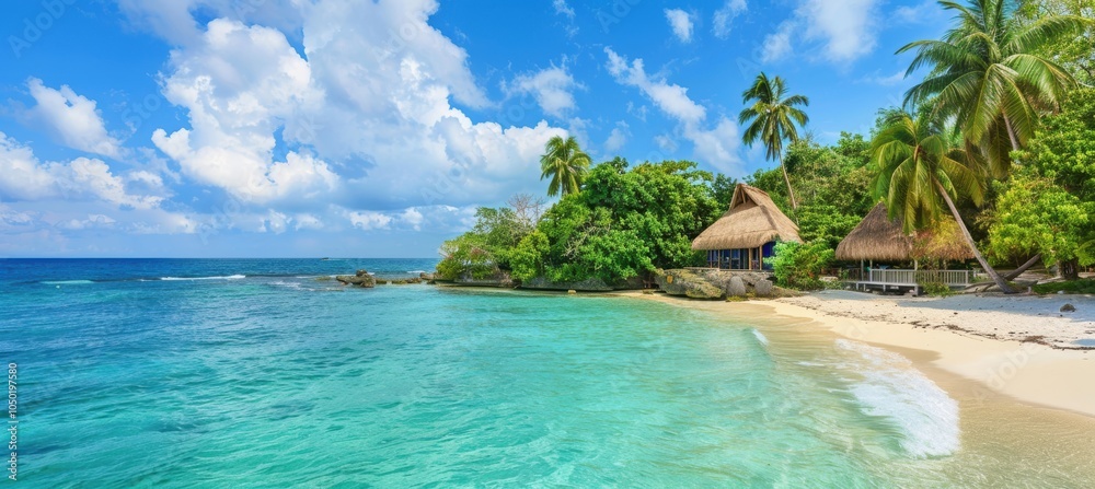 Naklejka premium Tropical Island Paradise Banner for Travel Agencies Featuring Beaches and Turquoise Waters