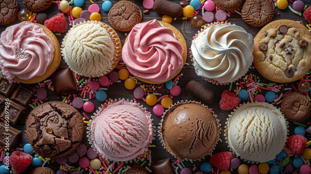 Colorful sweets and treats arranged on a dark background, creating a vibrant and tempting display of sugary delights Colorful sweets and treats arranged on a dark background, creating a vibrant and tempting display of sugary delights