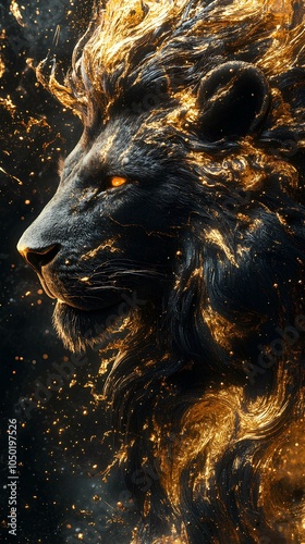 Golden Accents on Black lion Head in Dark Fantasy Art