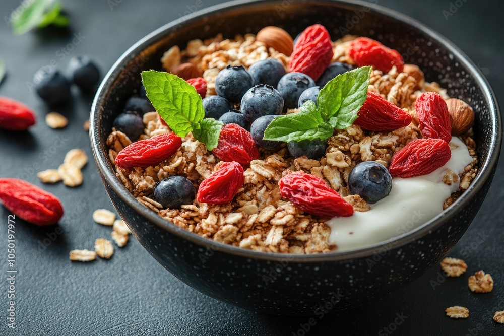 Granola, yogurt, goji berries and blueberries creating a healthy breakfast