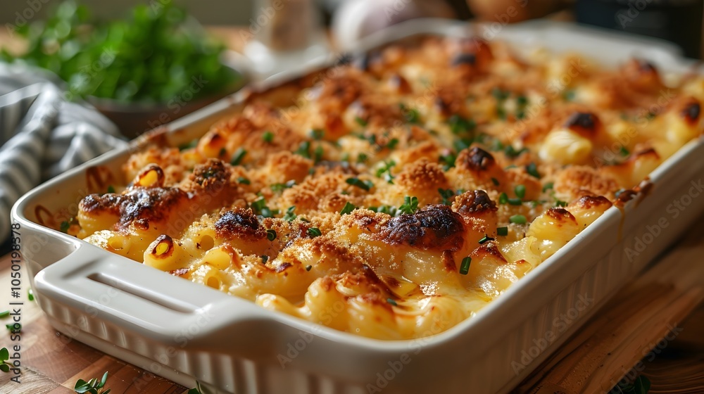 Gourmet Baked Macaroni and Cheese with a Crispy Top Served in a Beautiful Ceramic Dish Perfect for Gourmet Dining and Home Cooking Enthusiasts Looking for Comfort Food Inspiration