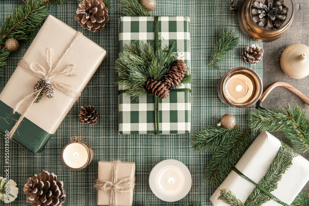 Festive Flat Lay of Christmas Decor Items and Wrapped Gifts for a Cozy Holiday Atmosphere Festive Flat Lay of Christmas Decor Items and Wrapped Gifts for a Cozy Holiday Atmosphere