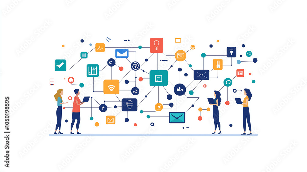 Four people stand in front of a complex network diagram with icons representing various business functions, highlighting collaboration technology and interconnectedness Four people stand in front of a complex network diagram with icons representing various business functions, highlighting collaboration technology and interconnectedness