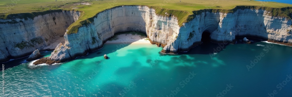 Fototapeta premium A stunning aerial view of dramatic cliffs meeting a turquoise sea, perfect for nature, travel, or tourism projects highlighting coastal beauty.