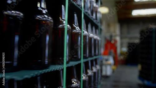 Bottles stacked up in a factory and brewery slow motion camera move