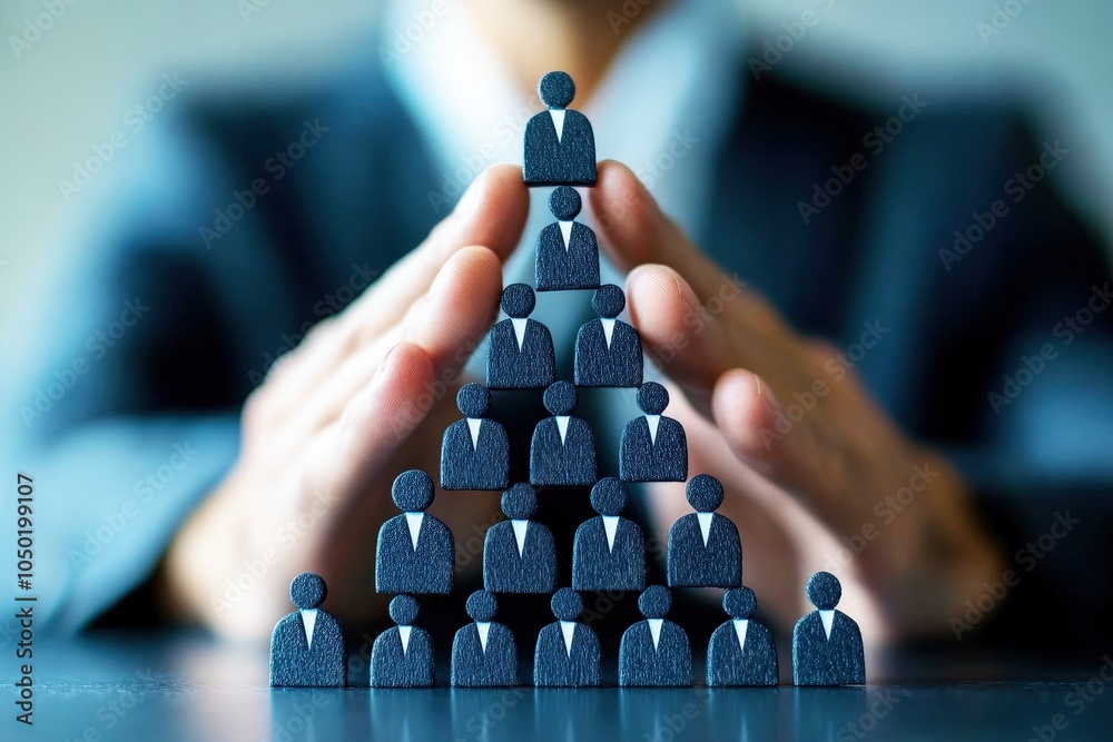 Protecting Our Team: A leader's hands carefully shield a pyramid of miniature businesspeople, symbolizing the safeguarding and support of a company's workforce. This image conveys care, security. Protecting Our Team: A leader's hands carefully shield a pyramid of miniature businesspeople, symbolizing the safeguarding and support of a company's workforce. This image conveys care, security.
