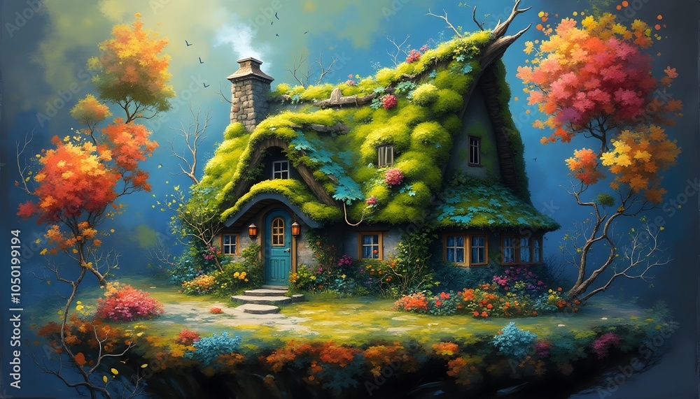 Fototapeta premium Magical Moss Covered Cottage In Autumn Forest