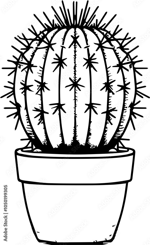 Black Line Art Decorative Cactus Plants Hand Drawn Illustration