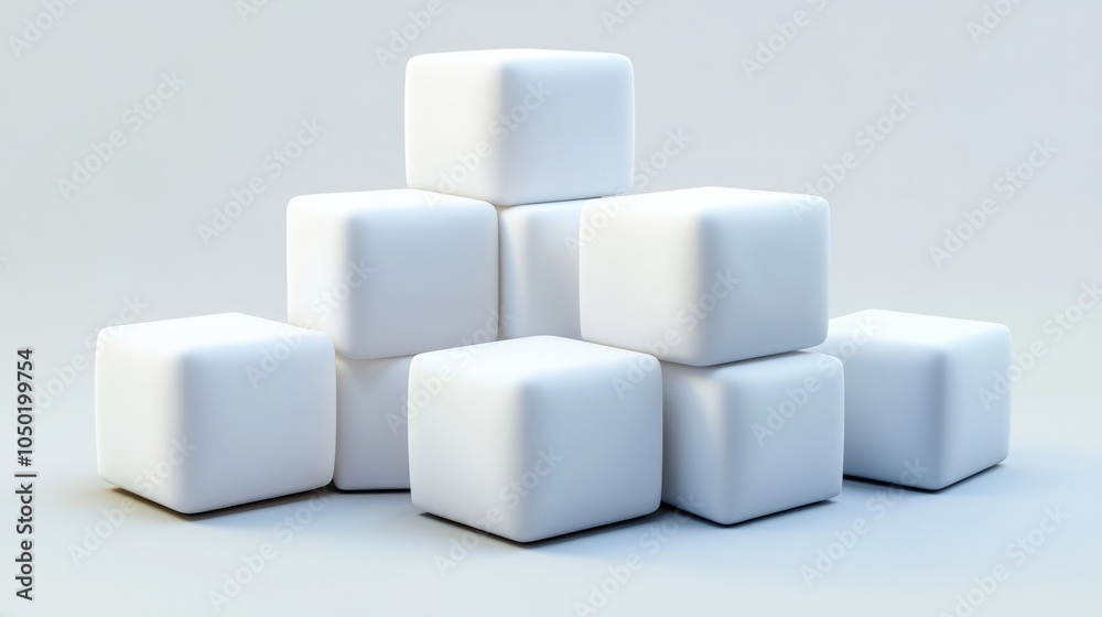 Seven white cubes stacked in a pyramid shape on a white background. Seven white cubes stacked in a pyramid shape on a white background.