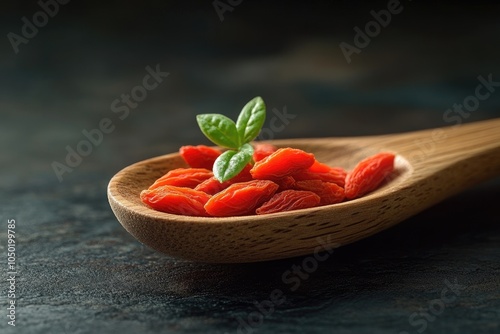 Dried goji berries resting in wooden spoon decorated with fresh green leaves