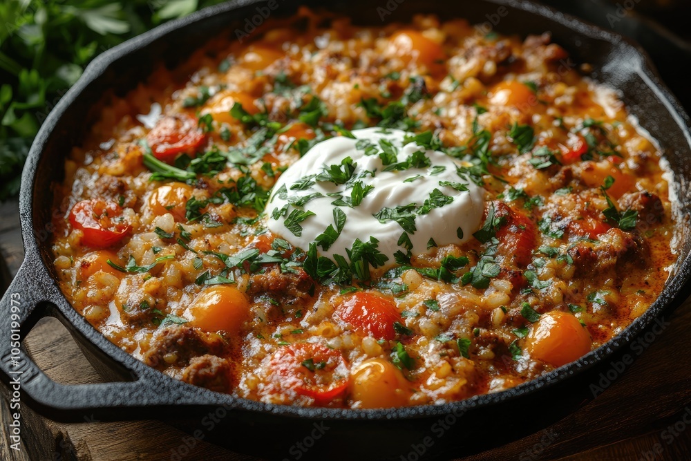 Delicious one-pot sausage and rice skillet dinner with sour cream and parsley Delicious one-pot sausage and rice skillet dinner with sour cream and parsley