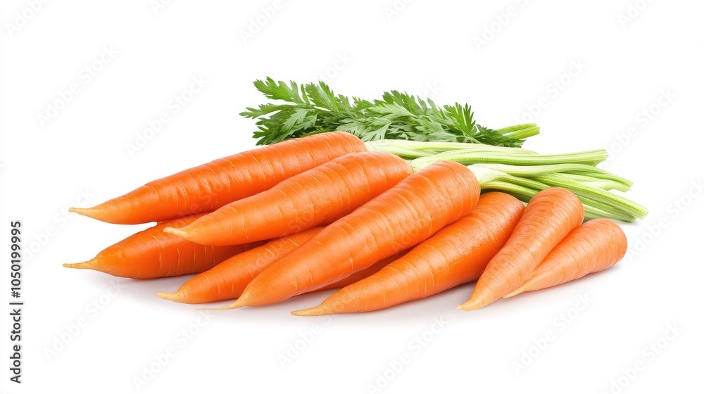 Freshly harvested carrots with vibrant green tops, showcasing their natural beauty against a pristine white background in a stunning side profile Freshly harvested carrots with vibrant green tops, showcasing their natural beauty against a pristine white background in a stunning side profile