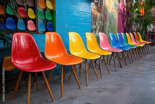 Colorful chairs standing in front of a blue wall with hanging chairs and a mural painting photo