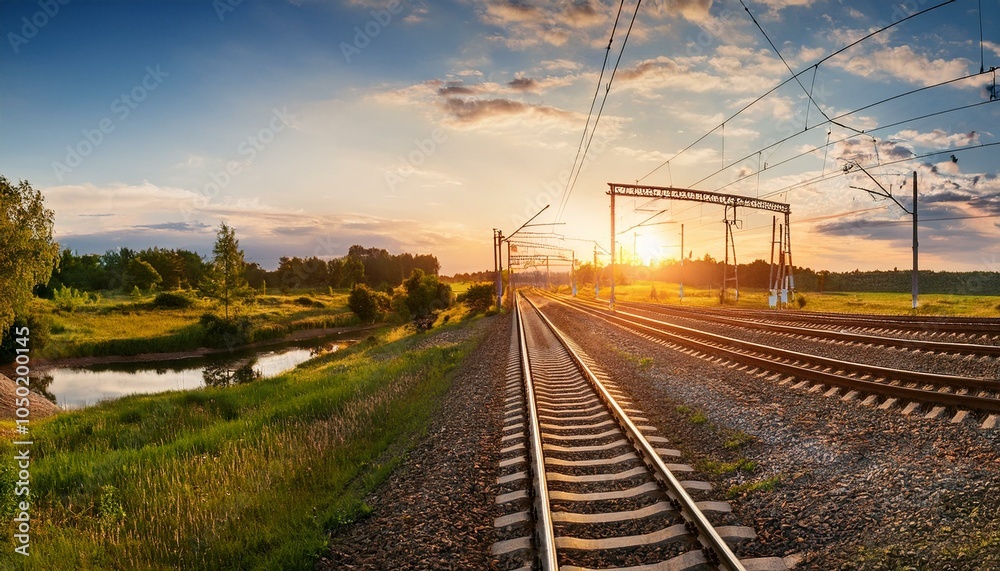 panoramic view of the crossing railway in sunset in summer panoramic view of the crossing railway in sunset in summer