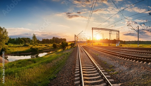 panoramic view of the crossing railway in sunset in summer