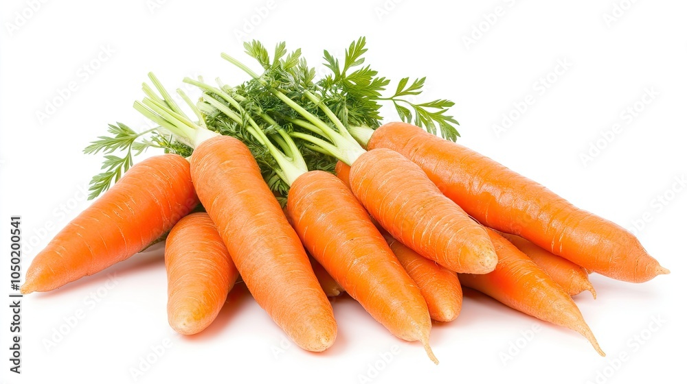 Freshly harvested carrots with vibrant green tops displayed in a striking side view against a clean white background Freshly harvested carrots with vibrant green tops displayed in a striking side view against a clean white background