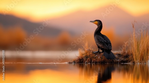 A lone bird perches on a small patch of grass by a lake, its silhouette reflected in the water, with a vibrant sunset painting the background sky in warm hues. photo