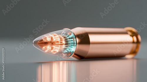 A copper bullet featuring intricate glowing details within its transparent tip, set against a plain background, representing advanced technology and innovation. photo