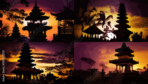 Four different images of a sunset over a temple or pagoda