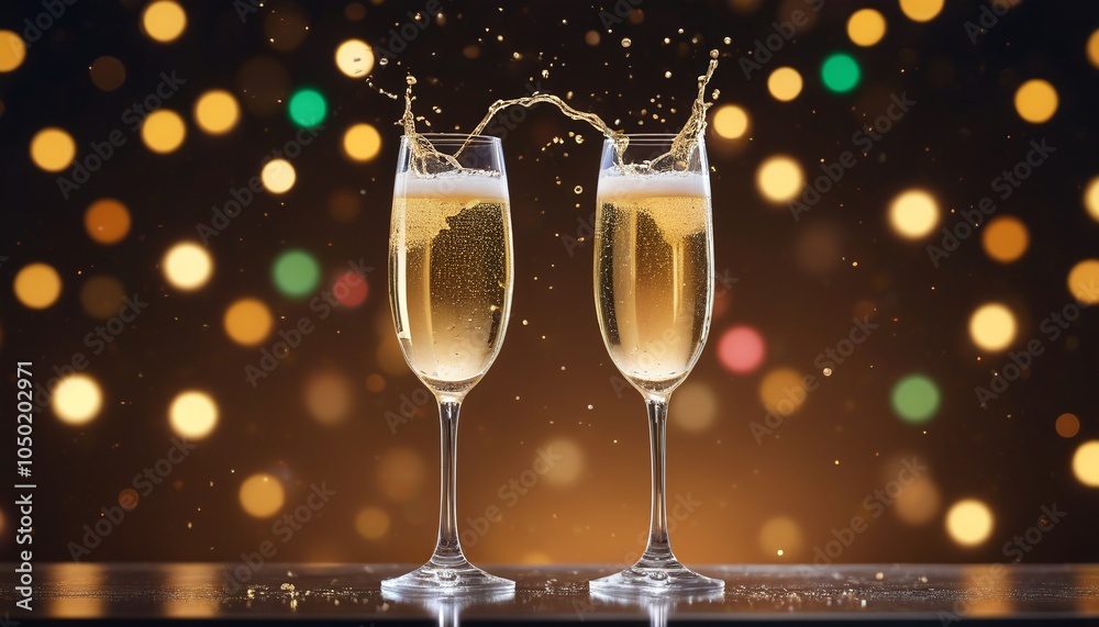 A beautifully styled cocktail glass with champagne splashing out, set against a soft focus background of festive lights, enhancing the celebratory vibe, Generative AI