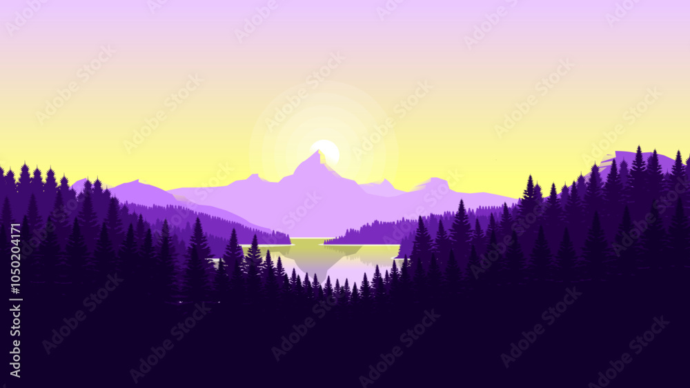 Obraz premium Minimalist Mountain Range with Vibrant Color Combinations in Flat Design Style, 4K HD Desktop Wallpaper Background