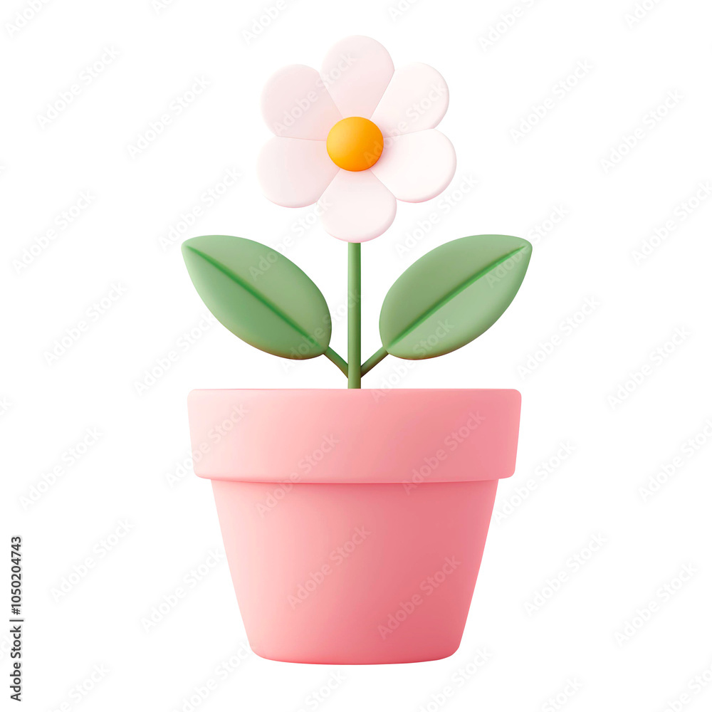 3D illustration of a simple flower in a pink pot with green leaves, showcasing a minimalistic design. Perfect for garden and decor themes. Isolated on transparent background, png. 3D illustration of a simple flower in a pink pot with green leaves, showcasing a minimalistic design. Perfect for garden and decor themes. Isolated on transparent background, png.