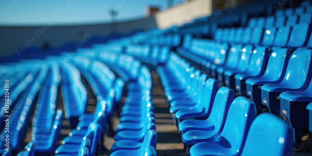 Fototapeta premium A close-up view of vibrant blue stadium seats arranged in rows, capturing the essence of sports venues, event planning, and audience engagement.