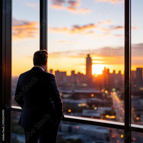 Business Executive Contemplating Over City Skyline