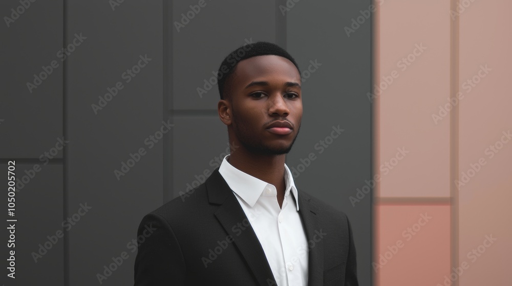 An Elegant Man Dressed in Formal Attire Posing Gracefully Against a Modern Background Setting An Elegant Man Dressed in Formal Attire Posing Gracefully Against a Modern Background Setting
