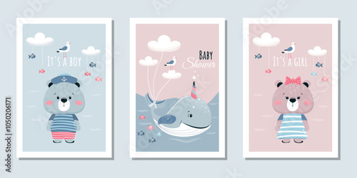 A set of festive templates for birthday invitation cards, a baby shower with funny cubs and a whale. Vector illustrations.