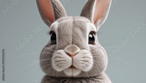 A charming, soft gray rabbit with a stitched nose and blush-tinted cheeks, crafted in gentle hues, Generative AI photo