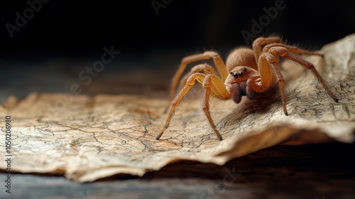 An adventurous orange spider crawls over a detailed, aged map, evoking emotions of exploration and curiosity with its lifelike presence and vibrant hues. photo