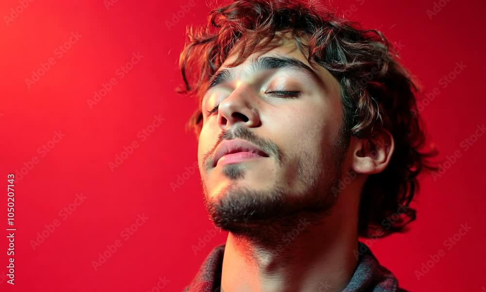 Young man in a plaid shirt gazing upward against a red backdrop. Young man in a plaid shirt gazing upward against a red backdrop.