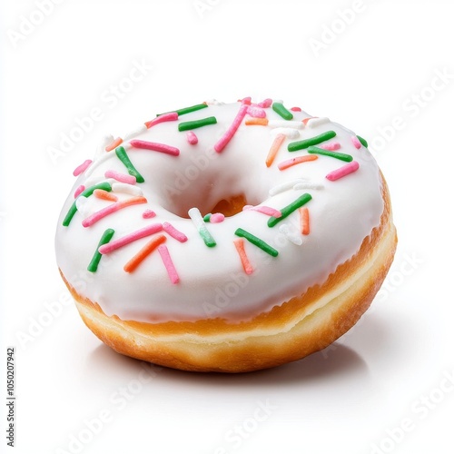 A delicious, glazed donut with colorful sprinkles, perfect for a sweet treat any time of day.