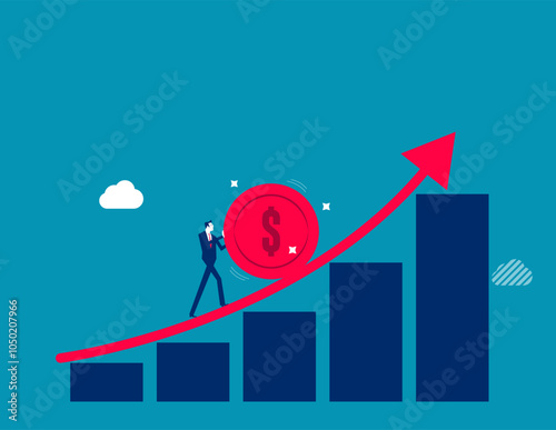 Compound interest exponential growth, investing earning profit, wealth management or savings, pension fund growing in long term investment concept, businessman push money coin up exponential graph.