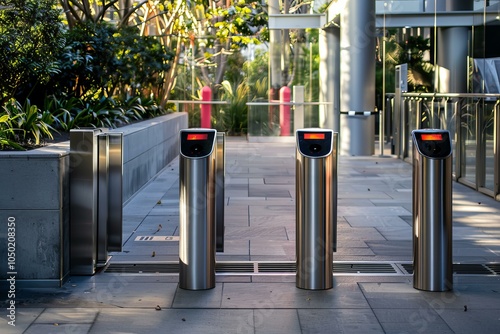 Modern security turnstiles with illuminated red lights controlling access to a corporate office building entrance photo