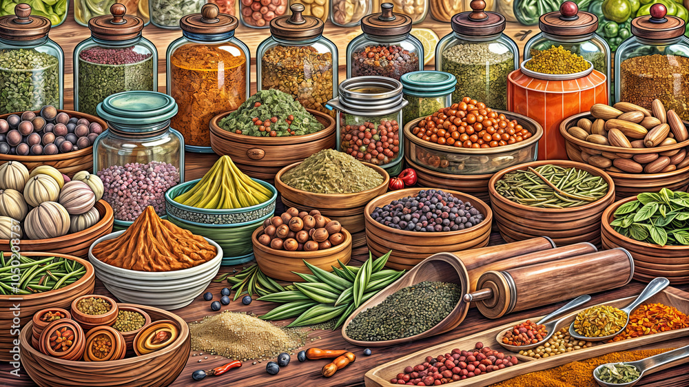 Fototapeta premium An array of colorful spices and herbs fills jars and bowls, showcasing different textures and colors, displayed on a rustic wooden table in a warm kitchen atmosphere