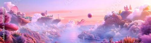 Dreamy fantasy landscape with floating islands and vibrant colors. photo