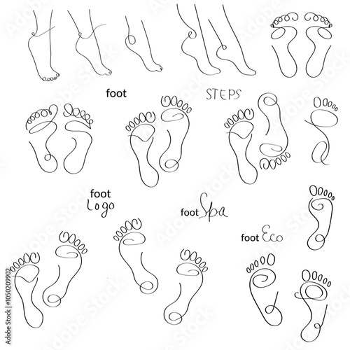 Set of feet, black and white linear design, logo, sign, map, icon
Elegant female foot in simple linear style. Concept of wellness massage and soft heel skin. Editable stroke. Doodle vector illustratio
