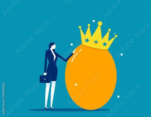 Golden egg investment, precious retirement pension fund, wealth or saving, 401k or IRA, prosperity or valuable asset concept, wealthy businessman with precious golden egg wearing crown.