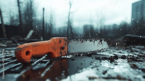 An aged, orange-handled handsaw is depicted lying in a rainy, outdoor scene, illustrating the theme of manual labor and tools within a natural environment. photo