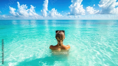 Unrecognizable woman in sunglasses enjoying the serene, crystal-clear waters of varadero beach in cuba, exemplifying a perfect tropical escape photo