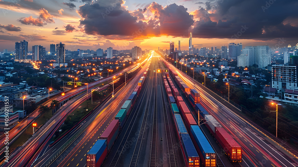 Fototapeta premium Aerial view of a city at sunset, showcasing highways with light trails and freight trains on parallel tracks, symbolizing urban transport and logistics