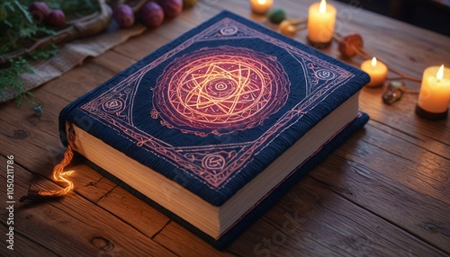 A yarn-bound enchanted tome with glowing runes on its soft cover, exuding ancient knowledge, Generative AI