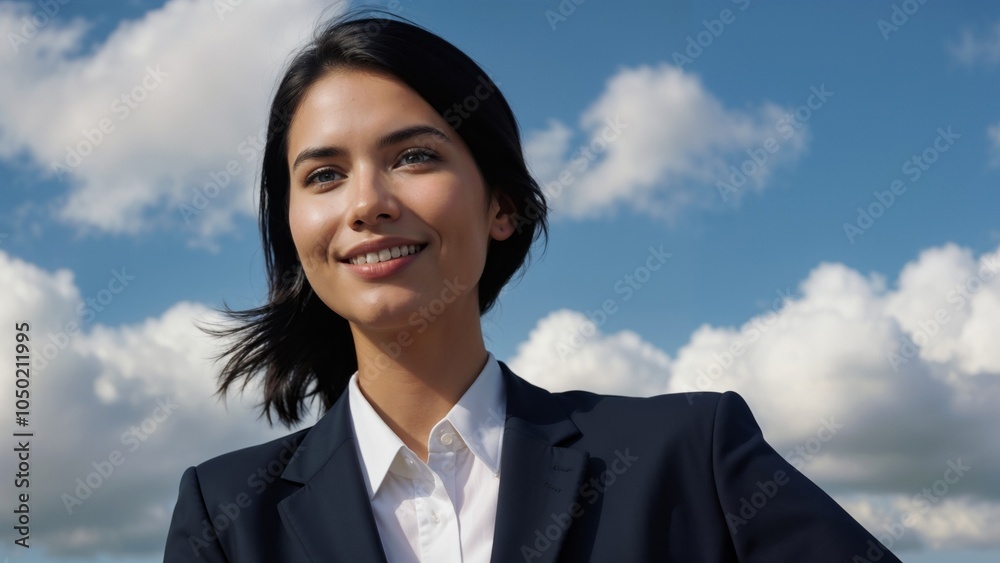 A woman in a business suit is smiling and looking up at the sky A woman in a business suit is smiling and looking up at the sky