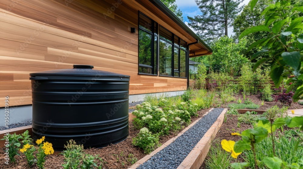 Rain barrel in front of a modern house, rainwater tank to collect rainwater and reuse it in the garden
Rain barrel in front of a modern house, rainwater tank to collect rainwater and reuse it in the garden