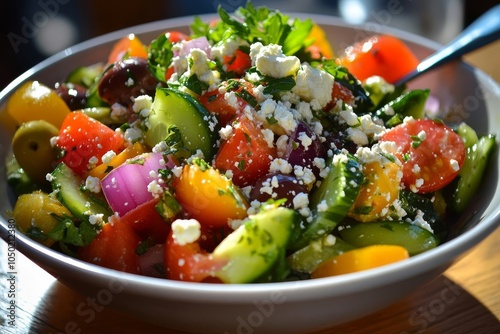 A vibrant salad featuring fresh vegetables like tomatoes, cucumbers, and olives, topped with feta cheese.