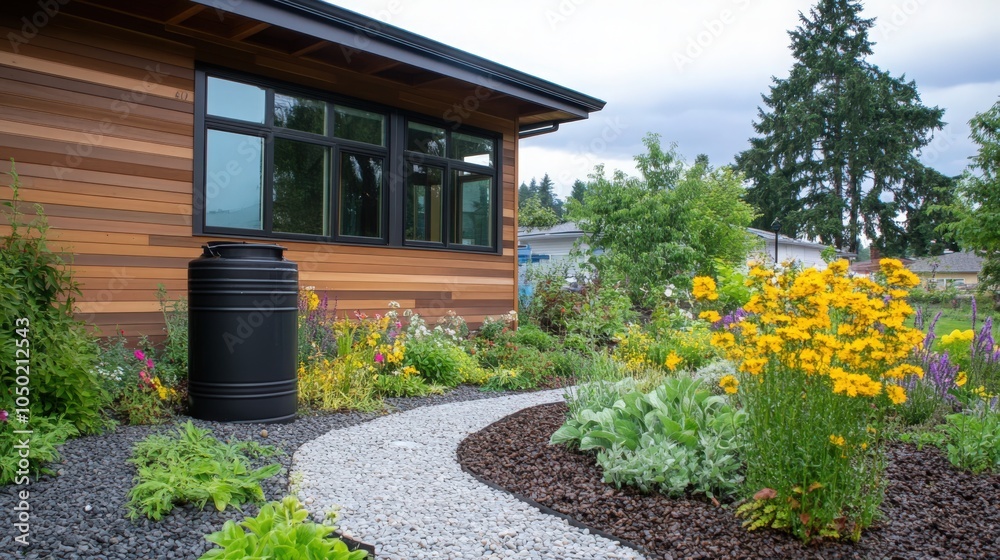 Rain barrel in front of a modern house, rainwater tank to collect rainwater and reuse it in the garden
Rain barrel in front of a modern house, rainwater tank to collect rainwater and reuse it in the garden
