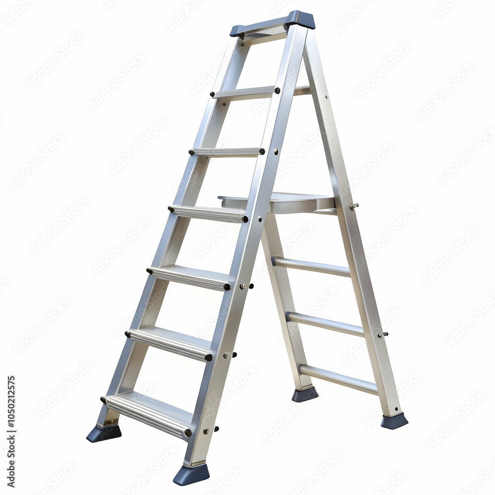 A sturdy aluminum stepladder stands ready for use. A sturdy aluminum stepladder stands ready for use.