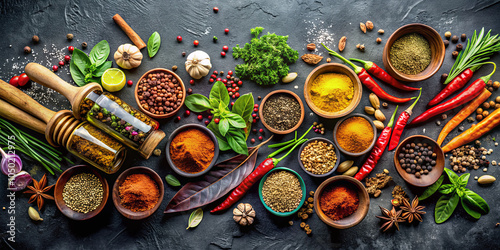 A colorful assortment of spices and herbs, including chili peppers, garlic, and fresh basil, is artfully arranged on a dark surface with traditional kitchen tools, inviting culinary creativity